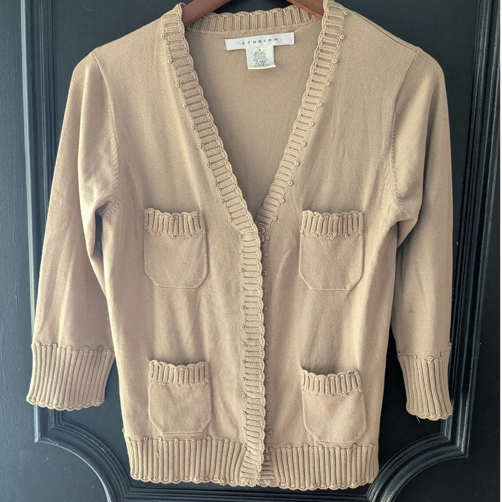 Silk Cotton Blend Cardigan Tan Beige Scalloped Trim Quiet Luxury Old Money Sz‎ S